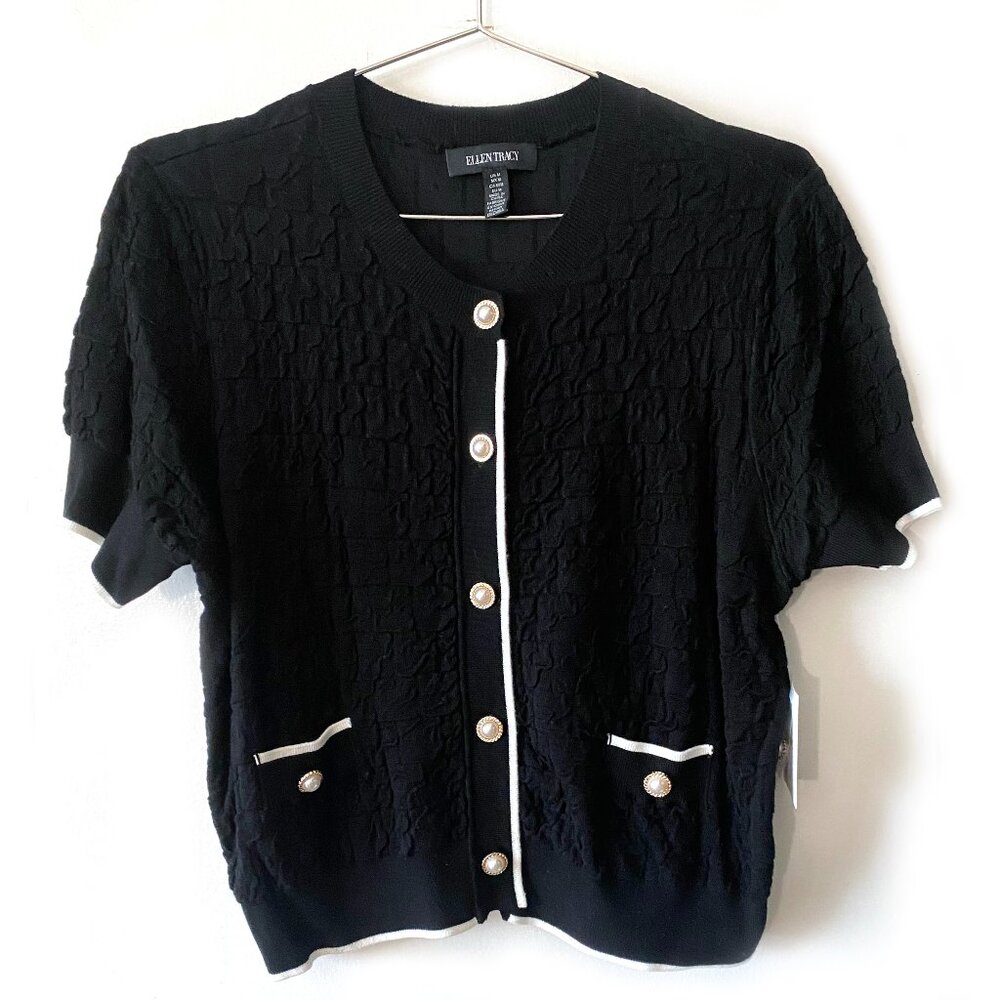 NWT Ellen Tracy Ladies Pearl button front short sleeve black Cardigan Sweater, M
